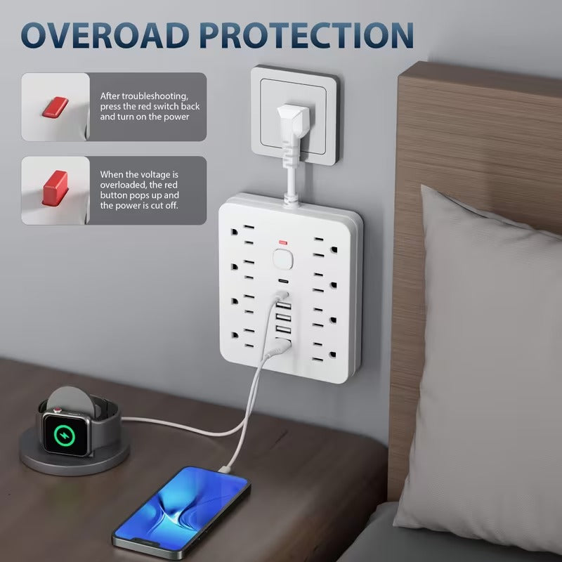14 in 1 power strip protector 8ac outlets 4usb 2type c